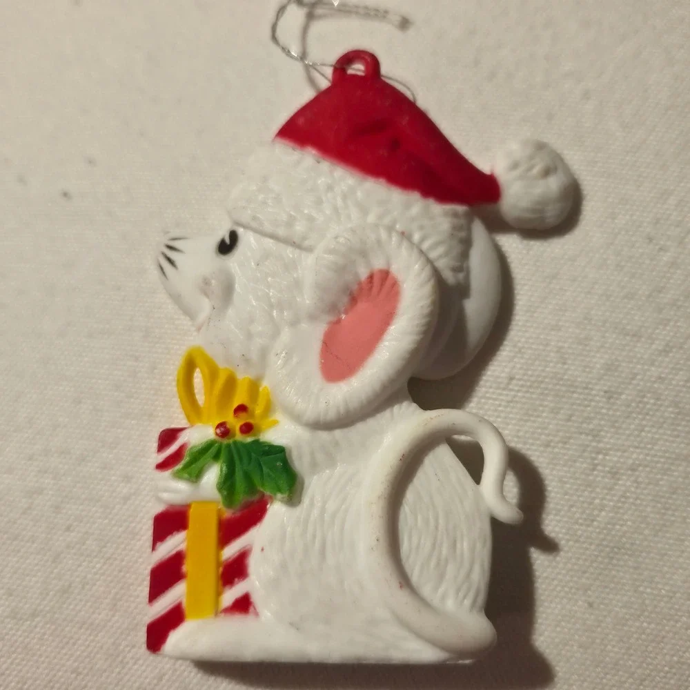 Vintage Christmas Mouse Ornaments Set of 3 Plastic White Mice Hong‎ Kong Retro